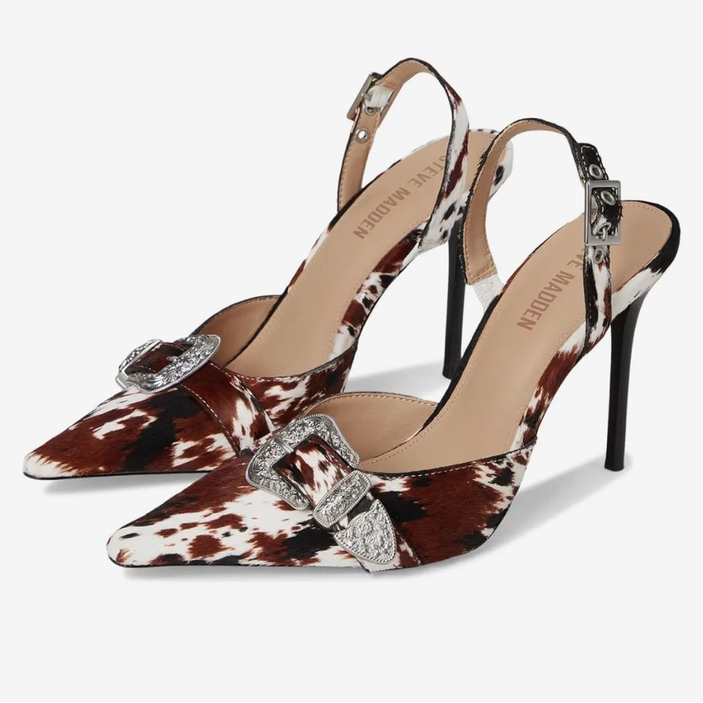 Steve Madden Brown White Cow Print Pointed Slingback Heels with Silver Buckles